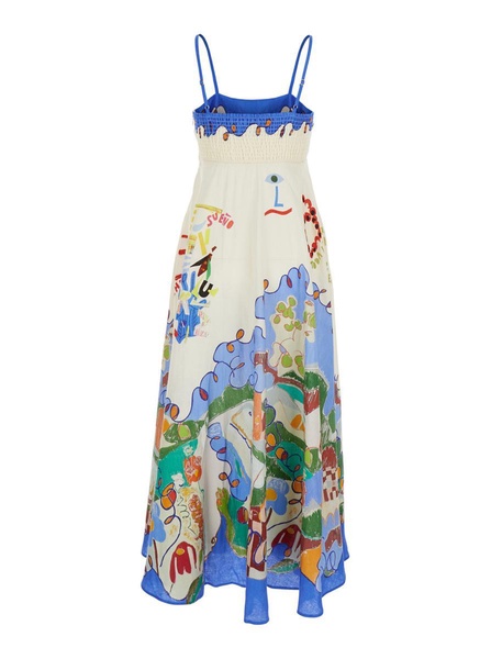 'Nadia' Multicolor Long Dress With All-Over Printed Motif In Linen Woman