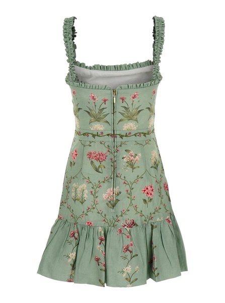 'Nieve'  Green Long Dress With All-Over Floral Print In Linen Woman