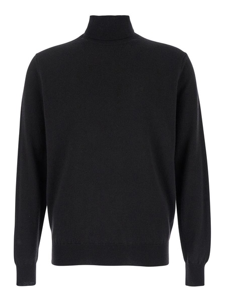 Black Turtleneck Sweater In Merino Wool And Silk Blend Man
