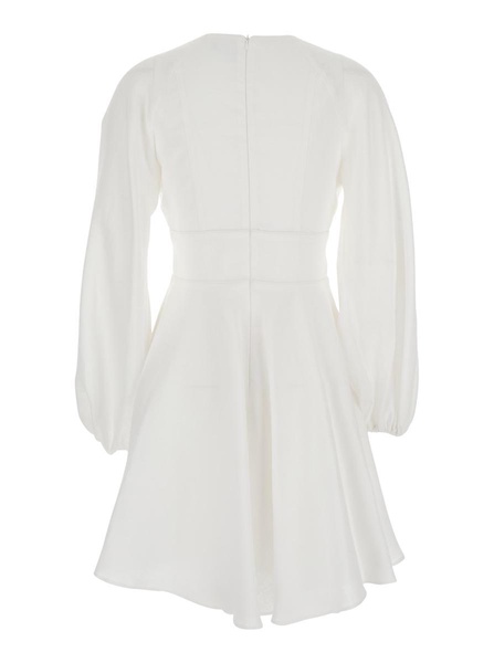 White Dress With V-Neck And Flared Skirt In Tech Fabric Woman