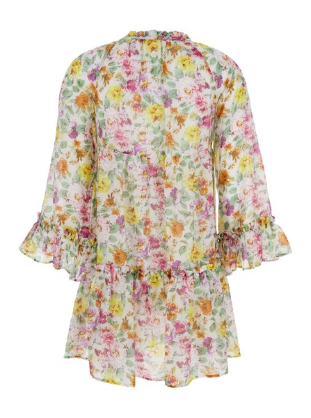 'Lara' Multicolor Short Dress With Ruched Sleeves And All-Over Floral Motif In Cotton And Silk Blend Woman