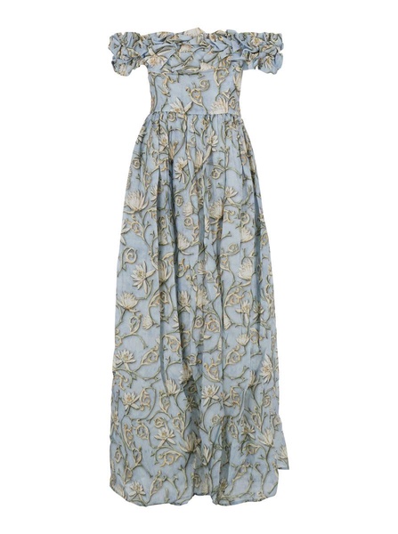 'Espliego' Blue Long Dress With All-Over Printed Floral Motif In Linen Woman
