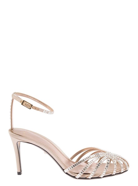 'Penelope' Beige Sandals With Rhinestone Embellishment And Stiletto Heel In Leather And Silk Woman