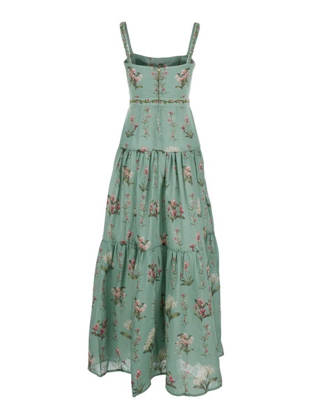 'Lima' Green Long Dress With All-Over Floral Print In Linen Woman