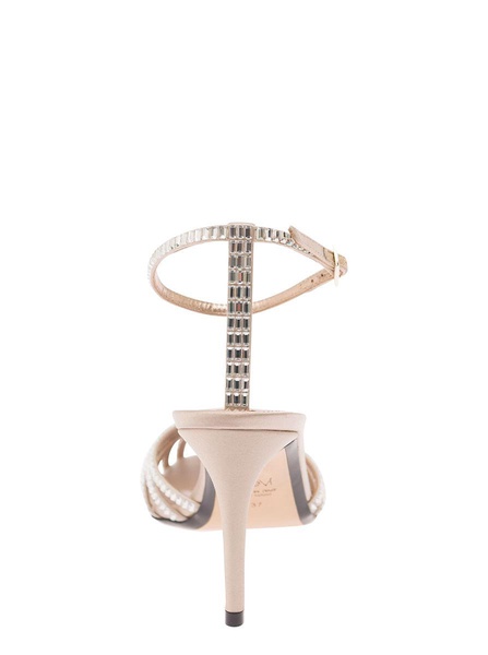 'Penelope' Beige Sandals With Rhinestone Embellishment And Stiletto Heel In Leather And Silk Woman