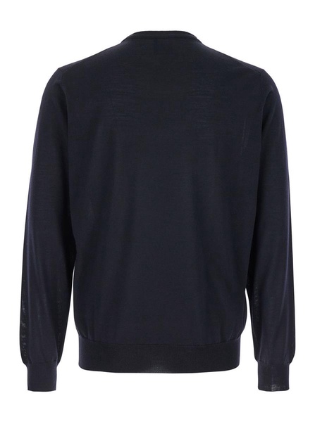 Blue Crewneck Sweater With Ribbed Trims In Wool Man