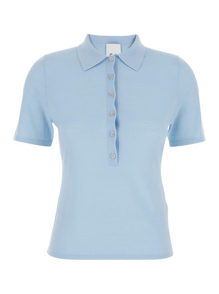 Light Blue Sweater With Polo Shirt Style Collar In Wool Woman