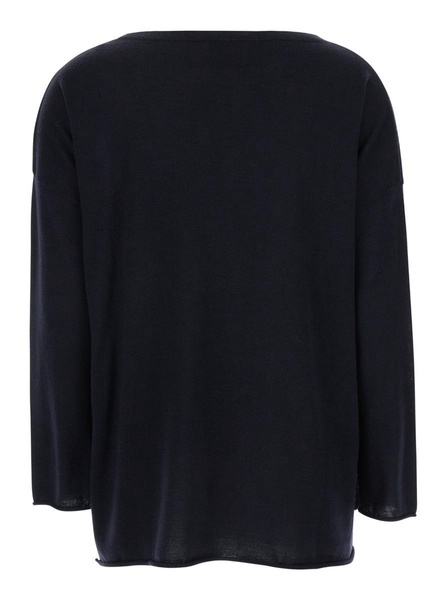 Blue Pullover With Boart Neckline In Wool Woman