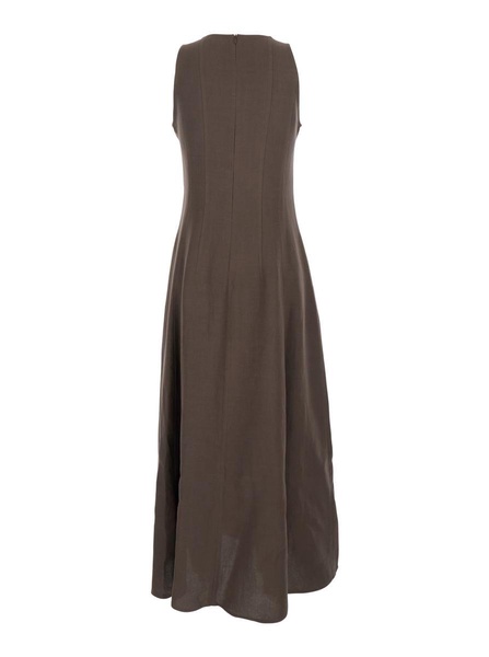 'Monsen' Brown Long Dress With Crew Neck Hidden Back Closure In Viscose And Linen Blend Woman
