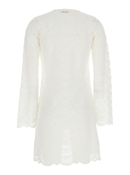 White Dress With V Neck And Jewel Detail On The Front In Cotton Woman