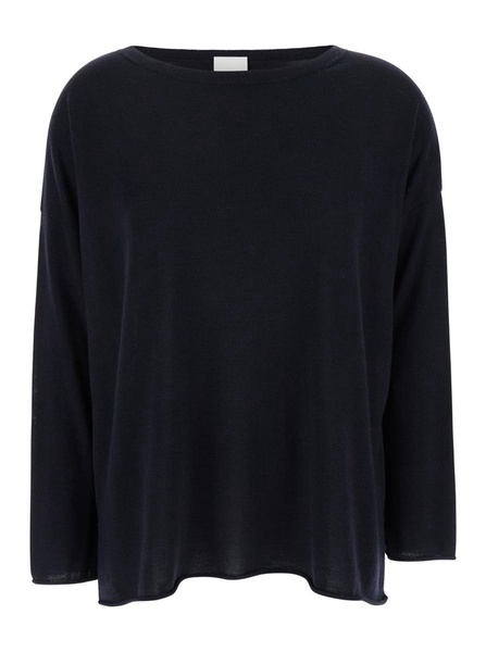 Blue Pullover With Boart Neckline In Wool Woman