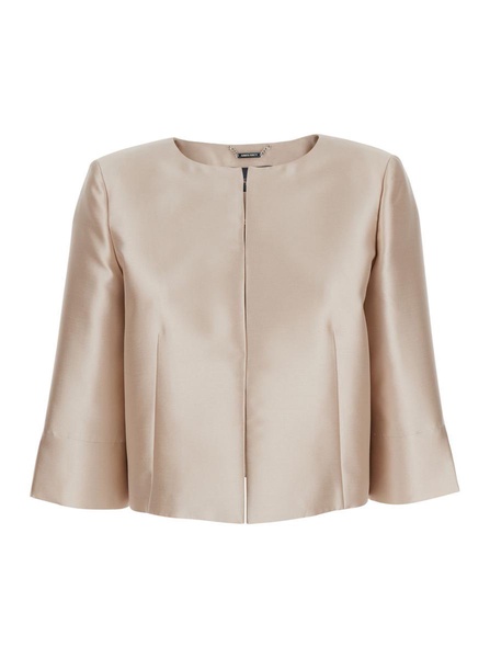 White Crop Jacket with Round Neck and Three Quarter Sleeve in Mikado Fabric Woman
