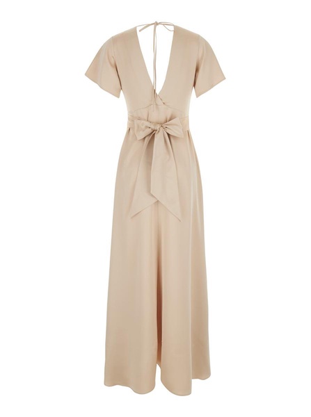 Long Beige Dress With Bow At The Back In Fabric Woman