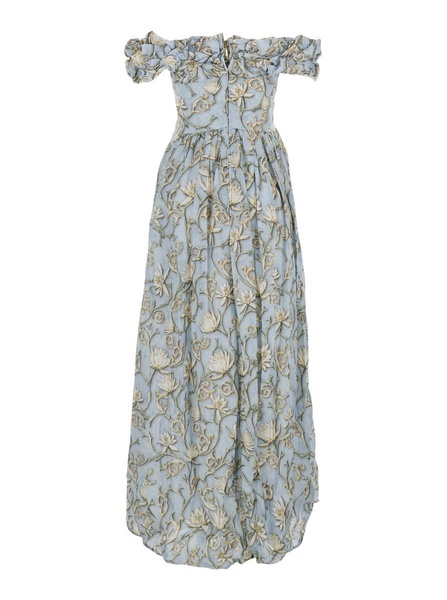 'Espliego' Blue Long Dress With All-Over Printed Floral Motif In Linen Woman