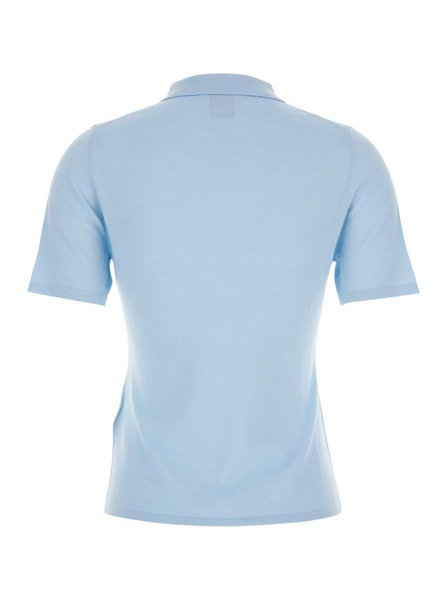 Light Blue Sweater With Polo Shirt Style Collar In Wool Woman