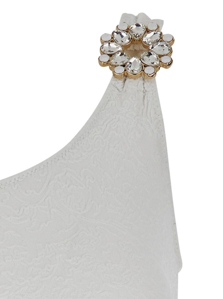 White One-Shoulder One-Piece Swimsuit With Rhinestone Brooch Detail In Tech Fabric Woman