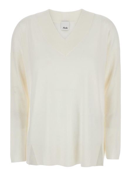 White Sweater With V Neck In Wool Woman