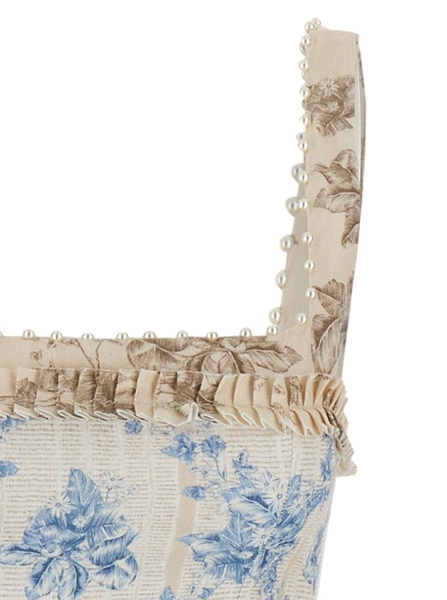 'Barbara' Blue Long Dress With All-Over Floral Embroidery In Linen Woman