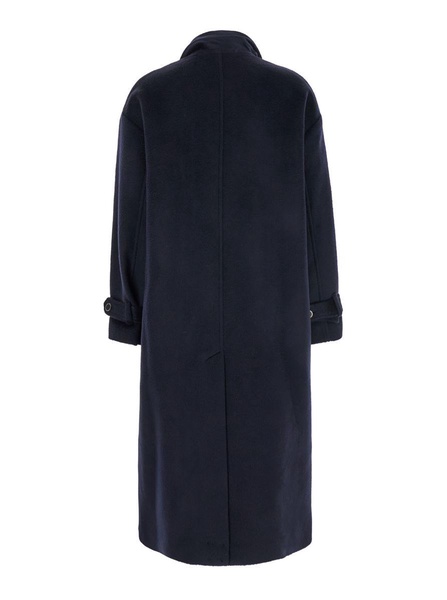 Blue Single-Breasted Long Coat With Scarf In Wool Blend Woman