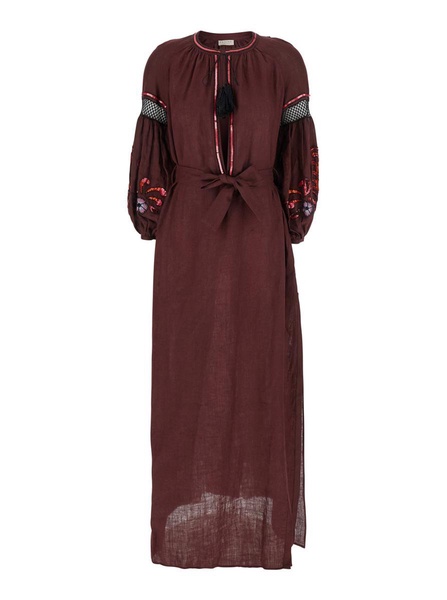 'Nicoletta' Brown Long Dress With Long Puffed Sleeves And Belt In Linen Woman