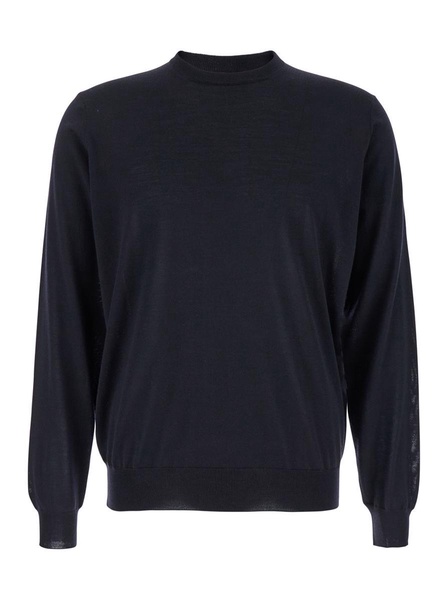 Blue Crewneck Sweater With Ribbed Trims In Wool Man
