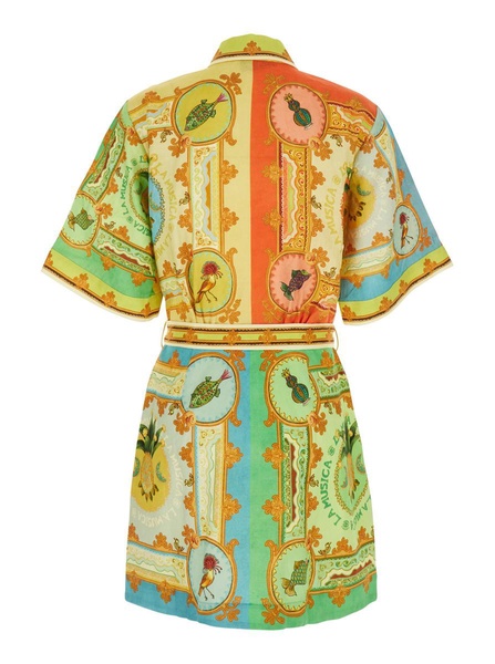 'La Musica' Multicolor Dress With All-Over Graphic Print In Linen Woman