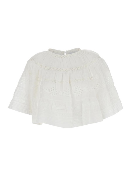 'Dilama' White Top With Round Neck And Broderie Anglaise In Cotton Woman