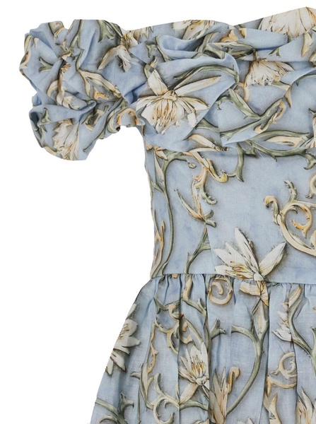 'Espliego' Blue Long Dress With All-Over Printed Floral Motif In Linen Woman