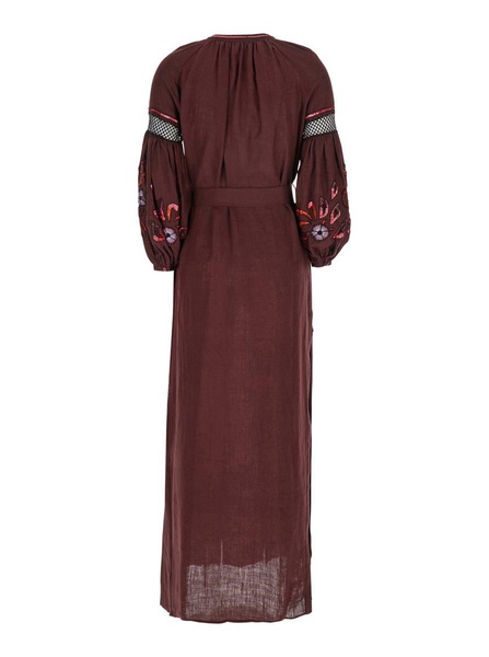 'Nicoletta' Brown Long Dress With Long Puffed Sleeves And Belt In Linen Woman
