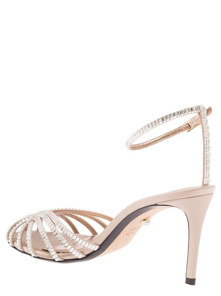 'Penelope' Beige Sandals With Rhinestone Embellishment And Stiletto Heel In Leather And Silk Woman
