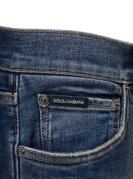 Blue Skinny Jeans With Logo Plaque At The Back In Stretch Cotton Denim Man