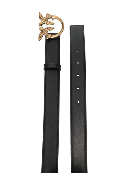 'Love Birds' Black Belt With Logo Buckle In Soft Silky Leather Woman Pinko