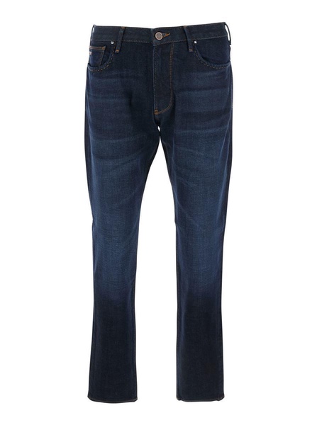 Blue Five Pocket Jeans With Logo Patch On The Back In Denim Man