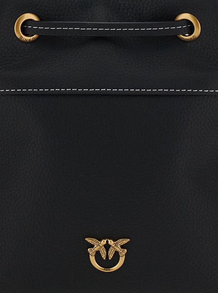 Black Mini Bucket Bag With Metallic Love Birds Logo On The Front In Hammered Leather Woman