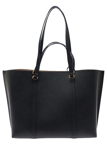 Black Large Tote Bag With Logo Charm In Grainy Leather Woman