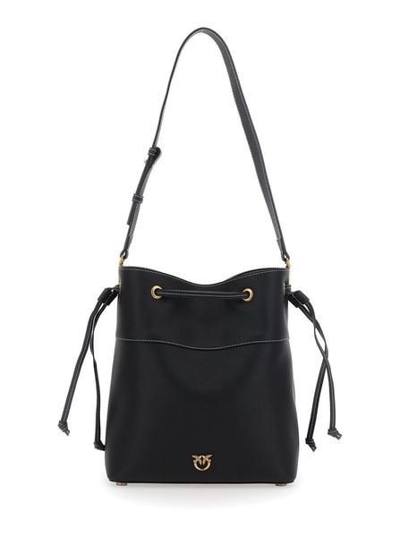 Black Bucket Bag With Metallic Love Birds Logo On The Front In Hammered Leather Woman