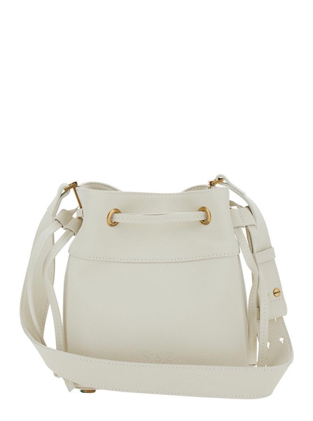 White Mini Bucket Bag With Metallic Love Birds Logo On The Front In Hammered Leather Woman