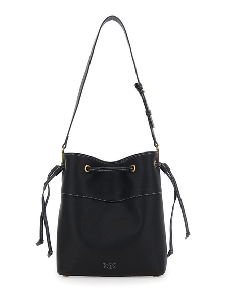 Black Bucket Bag With Metallic Love Birds Logo On The Front In Hammered Leather Woman