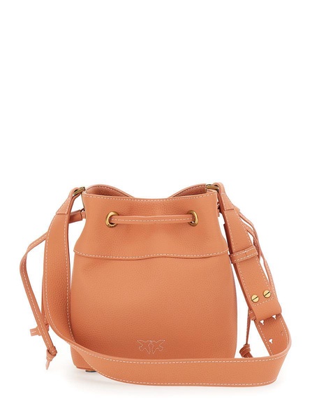 Orange Mini Bucket Bag With Metallic Love Birds Logo On The Front In Hammered Leather Woman