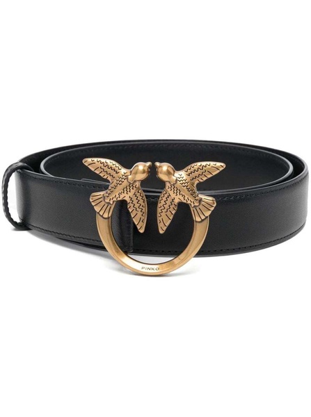'Love Birds' Black Belt With Logo Buckle In Soft Silky Leather Woman Pinko