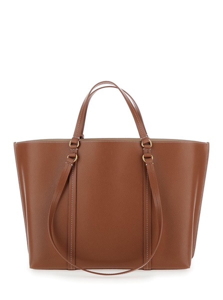 Brown Large Tote Bag With Logo Charm In Grainy Leather Woman