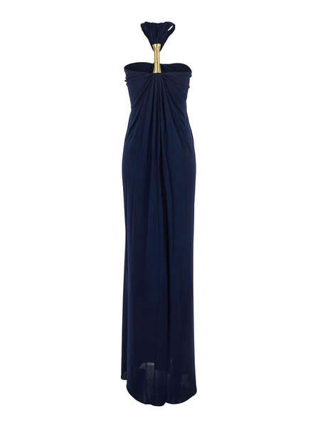 'Halterneck' Blue Long Dress With Neckline And Open Back In Viscose Jersey Woman