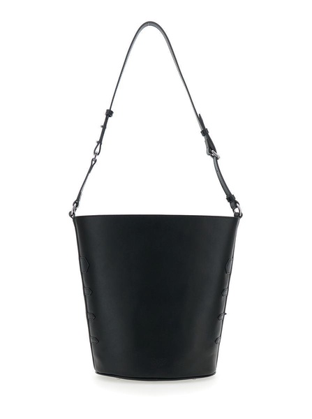 Black Bucket Bag With Love Birsa Diamond Cut Plaque On The Front And Straps In Leather Woman
