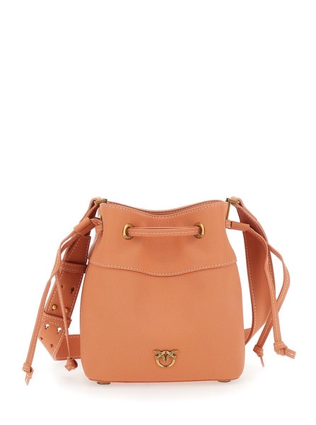 Orange Mini Bucket Bag With Metallic Love Birds Logo On The Front In Hammered Leather Woman