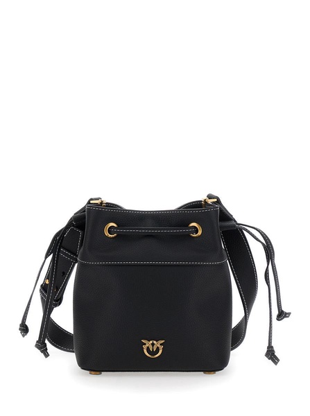 Black Mini Bucket Bag With Metallic Love Birds Logo On The Front In Hammered Leather Woman