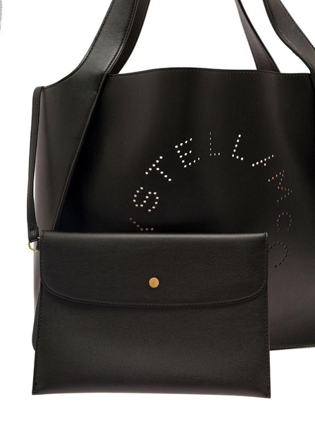 Black Tote Bag With Perforated Logo In Faux Leather Woman