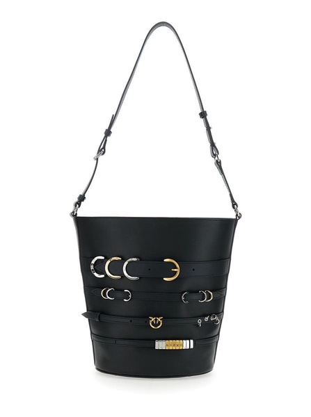 Black Bucket Bag With Love Birsa Diamond Cut Plaque On The Front And Straps In Leather Woman