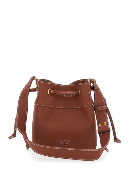 Brown Mini Bucket Bag With Metallic Love Birds Logo On The Front In Hammered Leather Woman