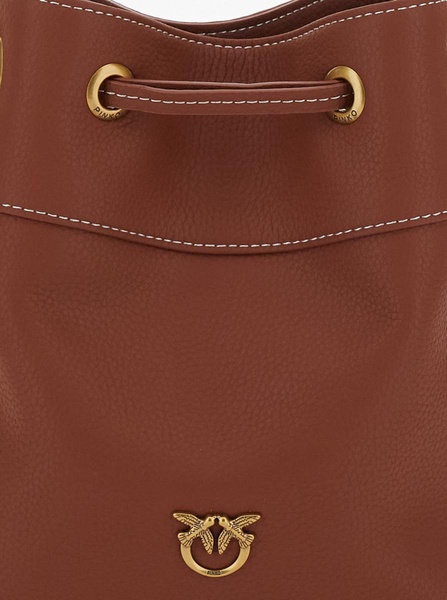 Brown Mini Bucket Bag With Metallic Love Birds Logo On The Front In Hammered Leather Woman