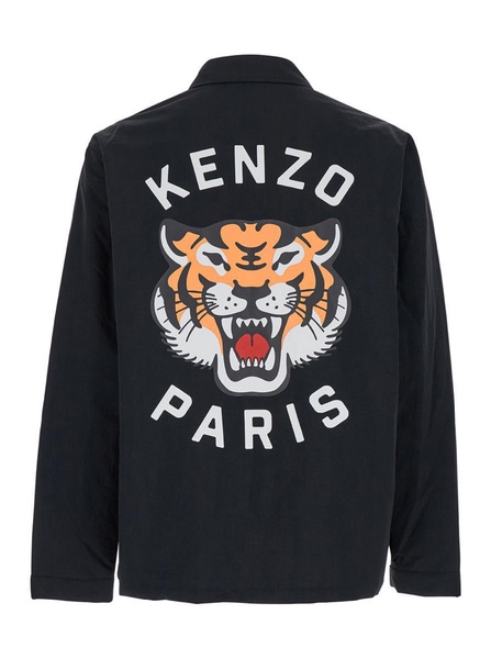 Black Overshirt With Tiger Embroidery In Tech Fabric Man